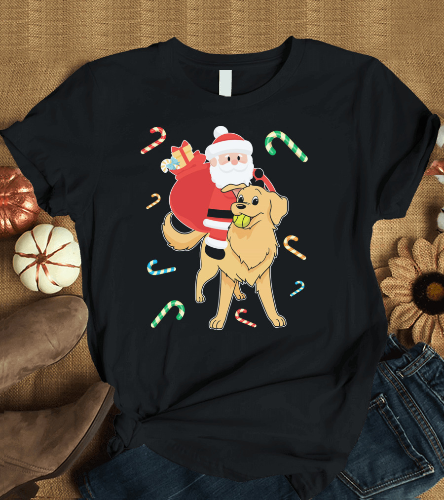 Santa Riding Golden Retriever with Candy Canes and Gifts T-Shirt