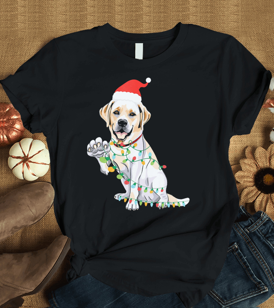 Labrador Retriever Dog Tangled In Christmas Lights with Santa Hat T-Shirt