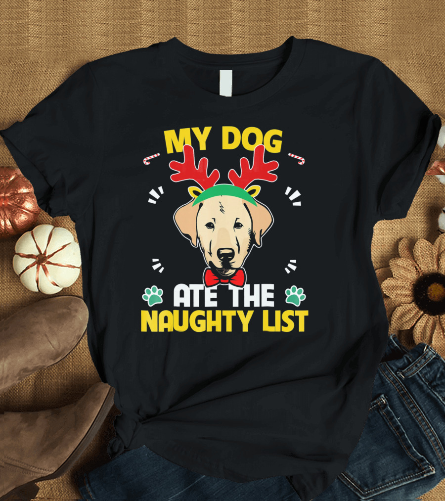 My Dog Ate The Naughty List Labrador Reindeer Antlers Candy Canes Paw Prints T-Shirt