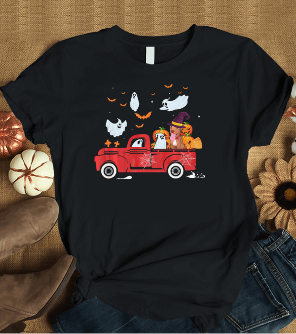 T-Shirt: Pit Bull Witch and Ghosts in Pumpkin-Filled Red Truck with Bats T-Shirt Pit Bull Witch and Ghosts in Pumpkin-Filled Red Truck with Bats T-Shirt