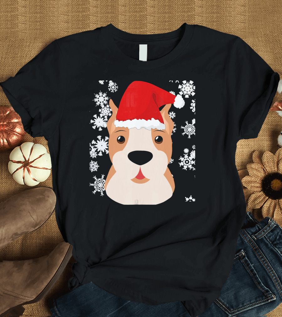 Merry Pitmas Pit Bull Dog Lover Owner Santa Hat Snowflakes T-Shirt