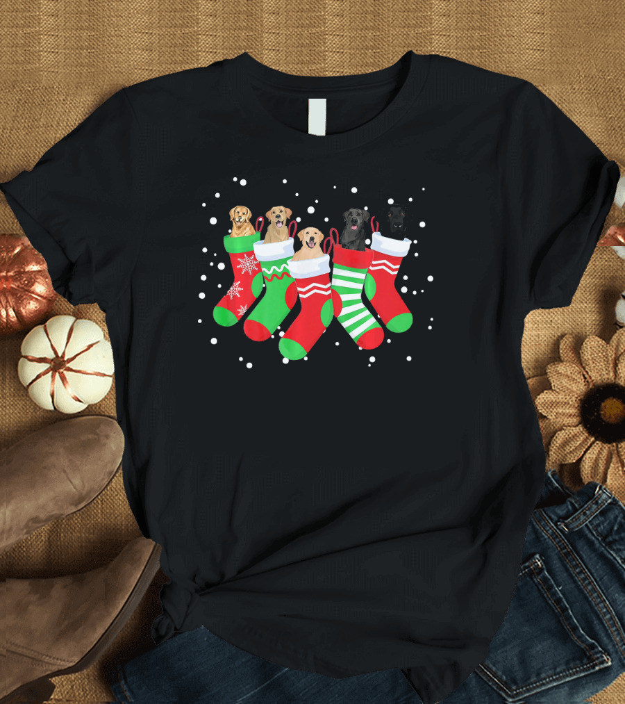 Labrador Retriever Christmas Stockings Snowflakes and Stripes T-Shirt