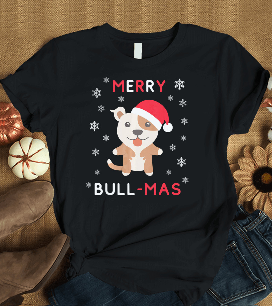 Merry Bull-Mas Funny Christmas Dog Santa Hat Snowflakes T-Shirt