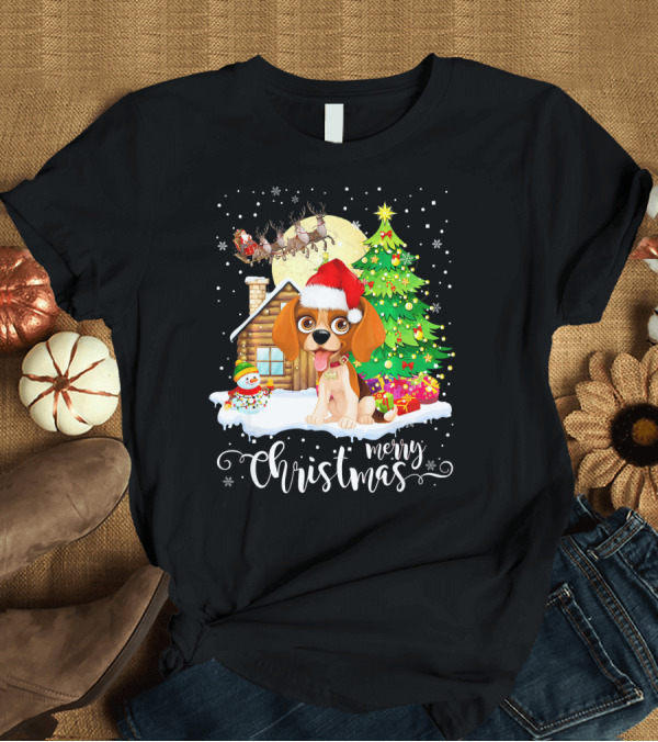 T-Shirt: Beagle Merry Christmas Tree Cabin Santa Hat Snowman Reindeer Sleigh T-Shirt Beagle Merry Christmas Tree Cabin Santa Hat Snowman Reindeer Sleigh T-Shirt