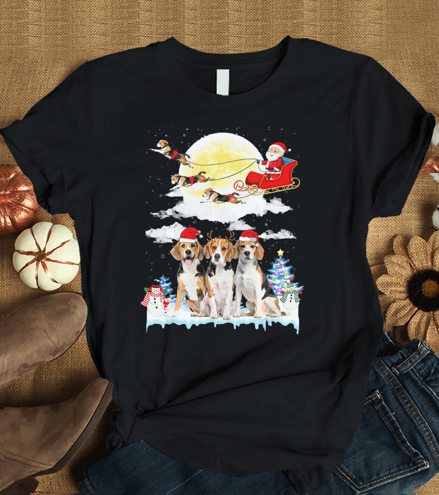 Beagle Dogs Pulling Santa's Sleigh in Front of Moon with Snowman and Christmas Trees T-Shirt