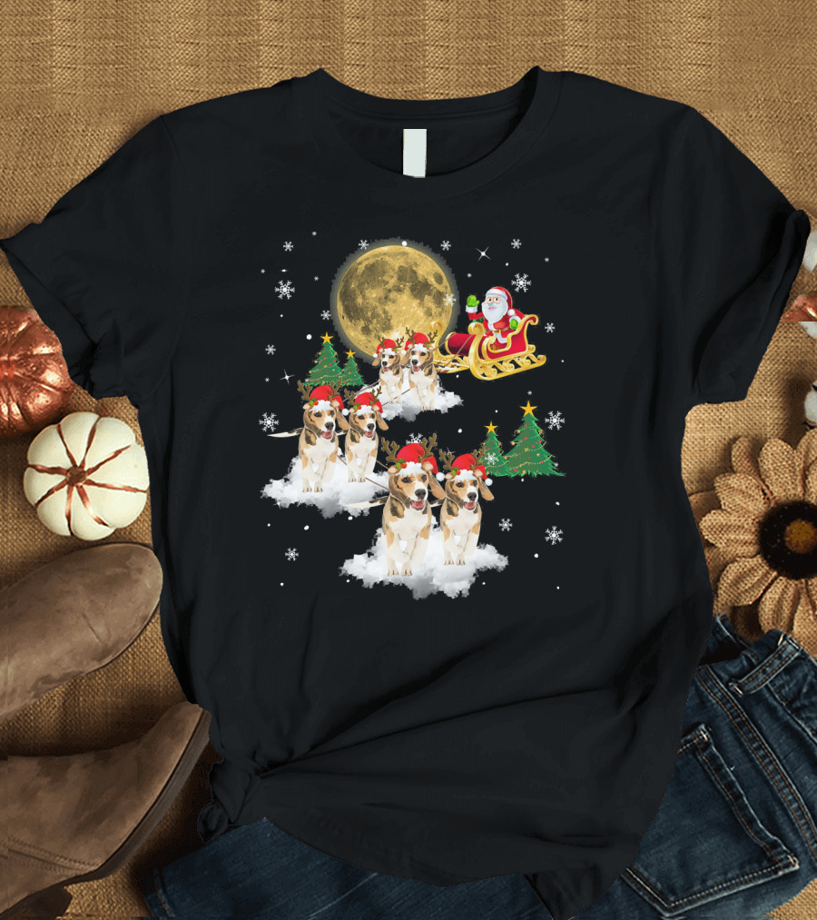 Santa Sleigh with Beagles in Christmas Hats under Moon and Stars T-Shirt