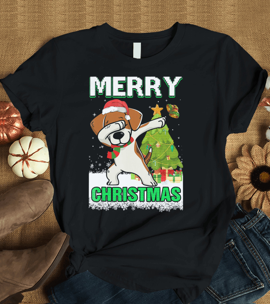 Merry Christmas Cute Beagle Claus Dab Snowflake Tree T-Shirt