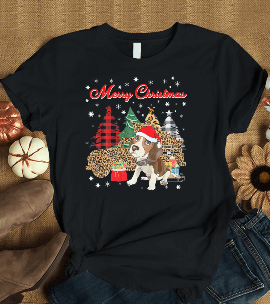 Merry Christmas Beagle Leopard Plaid Truck Dog T-Shirt