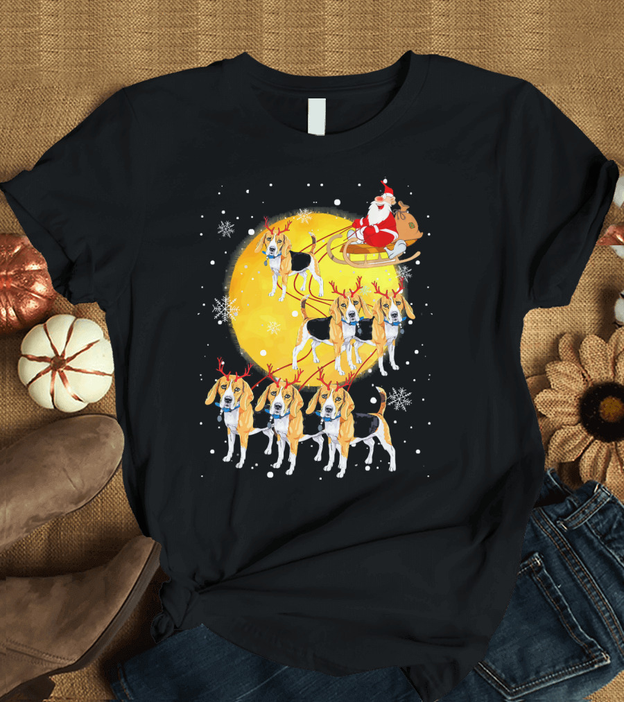 Beagle Reindeer Christmas Santa Sleigh Moon Cute Funny Bea T-Shirt