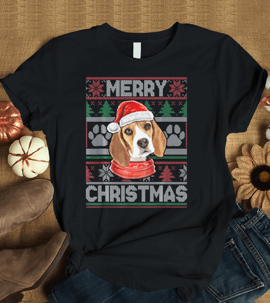 Merry Christmas Beagle Dog Santa Hat Paw Prints T-Shirt