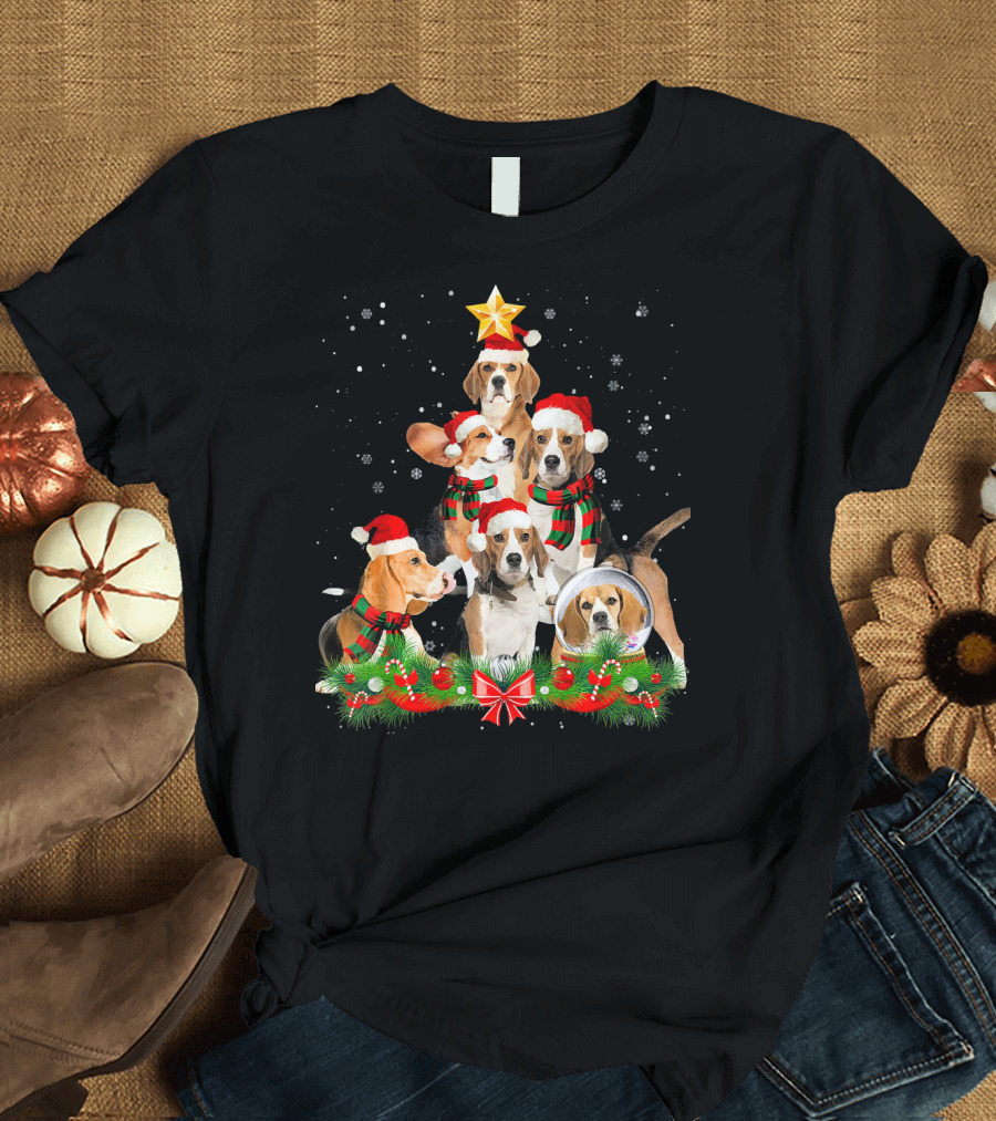 Beagle Christmas Tree with Santa Hats and Snowflakes T-Shirt