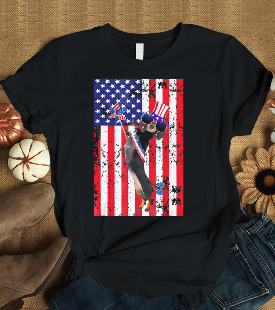 4th Of July Patriotic Dachshund with American Flag and Uncle Sam Hat T-Shirt