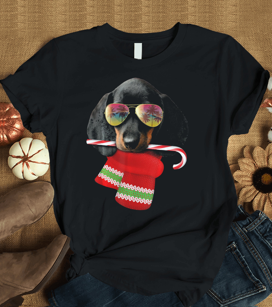 Christmas in July Dachshund Sunglasses Candy Cane Holiday Fun T-Shirt