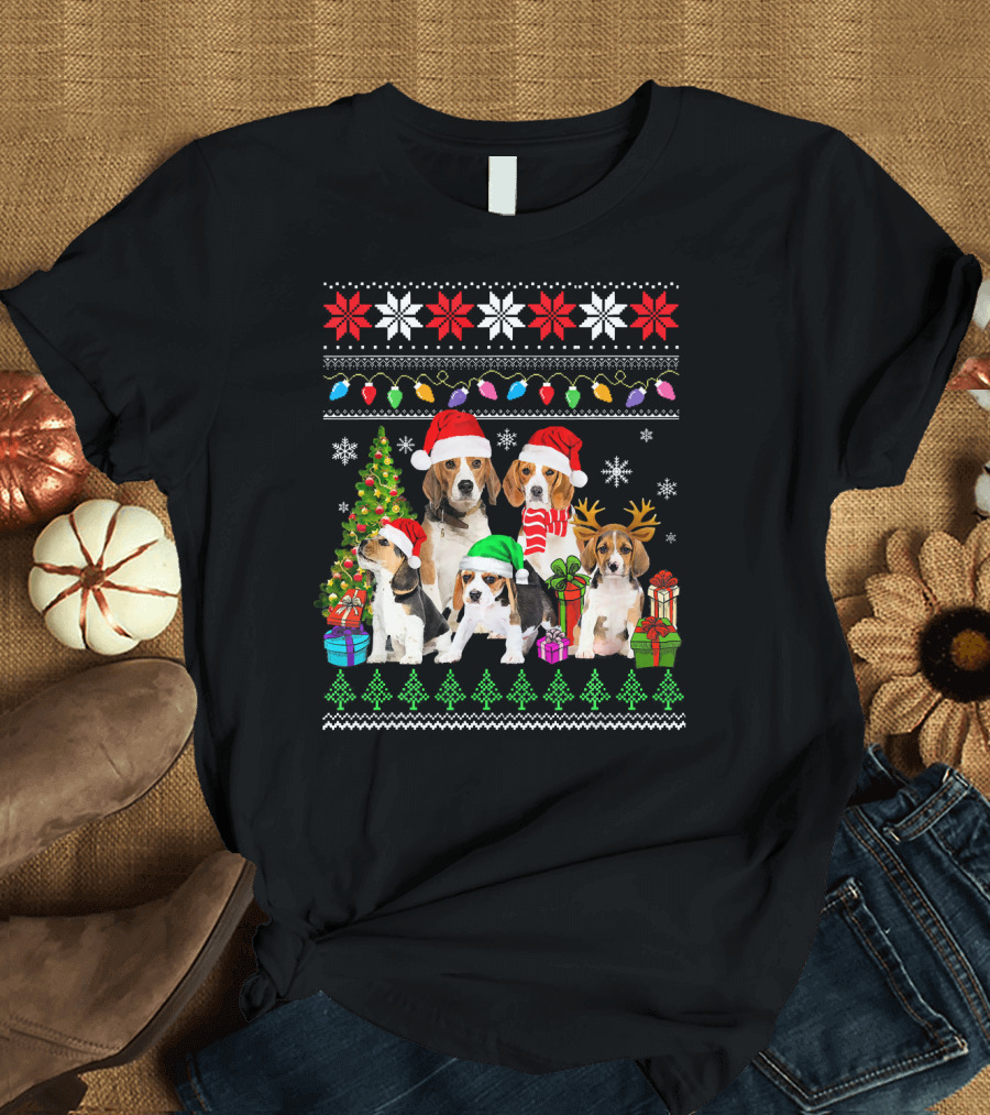 Cute Beagle Puppies Christmas Festive Sweaters Holiday Lights T-Shirt