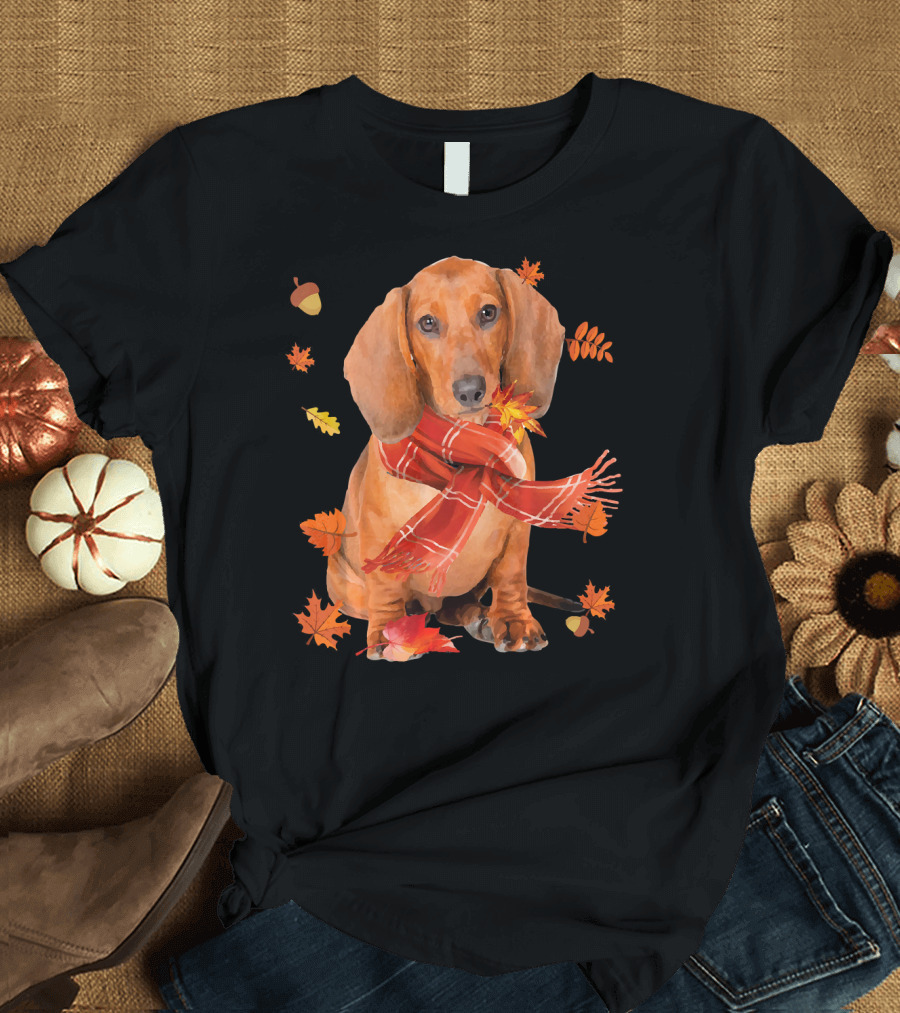 Cute Dachshund Dog with Red Scarf and Autumn Leaves T-Shirt