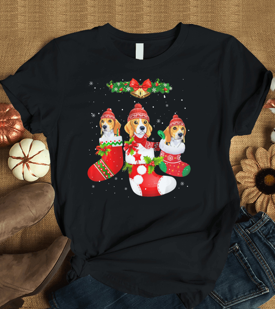 Beagle Dogs in Christmas Stockings with Santa Hats and Festive Decorations T-Shirt