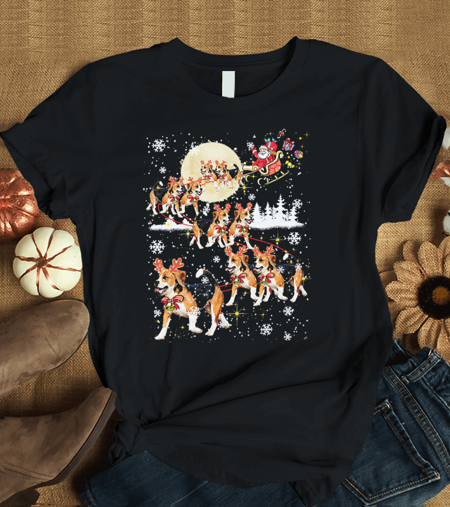 Santa Sleigh Beagle Reindeer Christmas Snowflakes Moon Forest T-Shirt