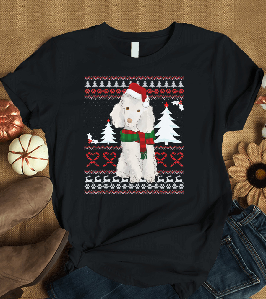Cute Poodle Christmas Sweater Santa Hat Holiday T-Shirt