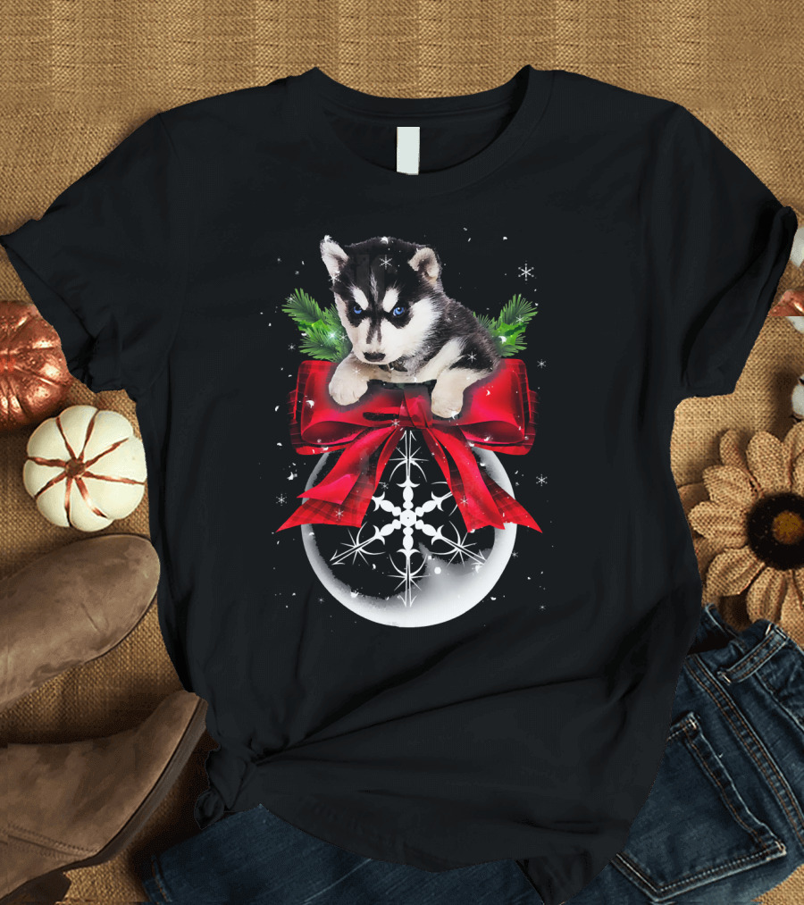 Siberian Husky Puppy Christmas Bauble with Red Bow and Snowflake T-Shirt