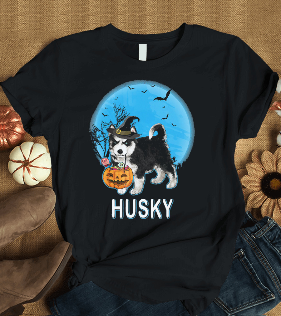 Husky Witch with Pumpkin under Halloween Moon T-Shirt