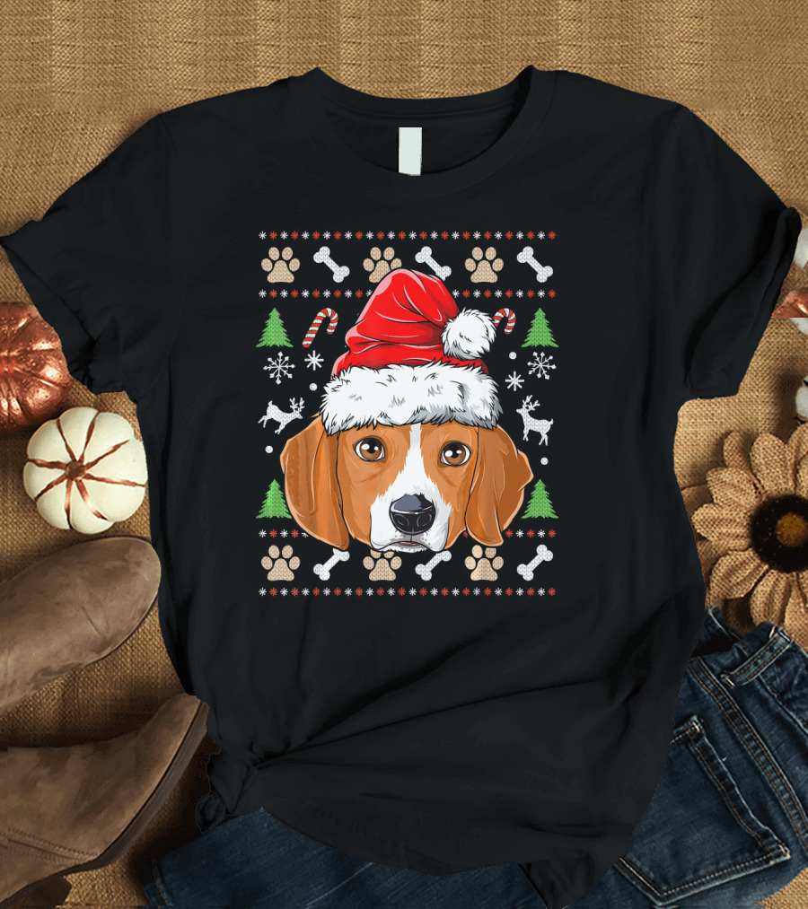 Beagle Christmas Dog Santa Hat Ugly Sweater Candy Cane Snowflakes T-Shirt