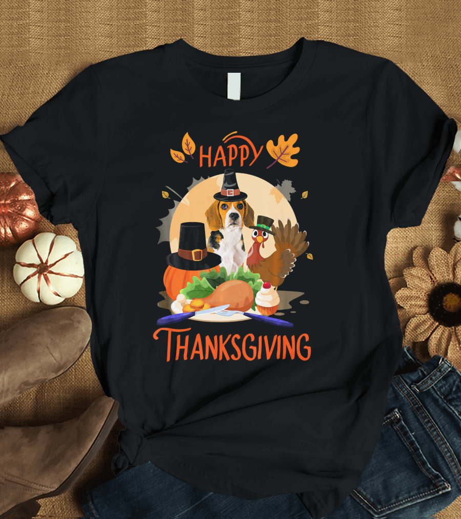 Happy Thanksgiving Beagle Pilgrim Turkey Feast with Autumn Leaves T-Shirt