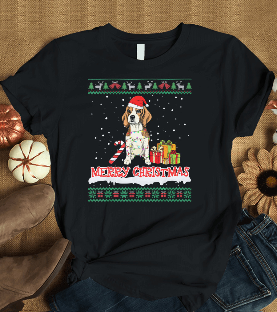 Merry Christmas Beagle with Santa Hat and Gifts T-Shirt