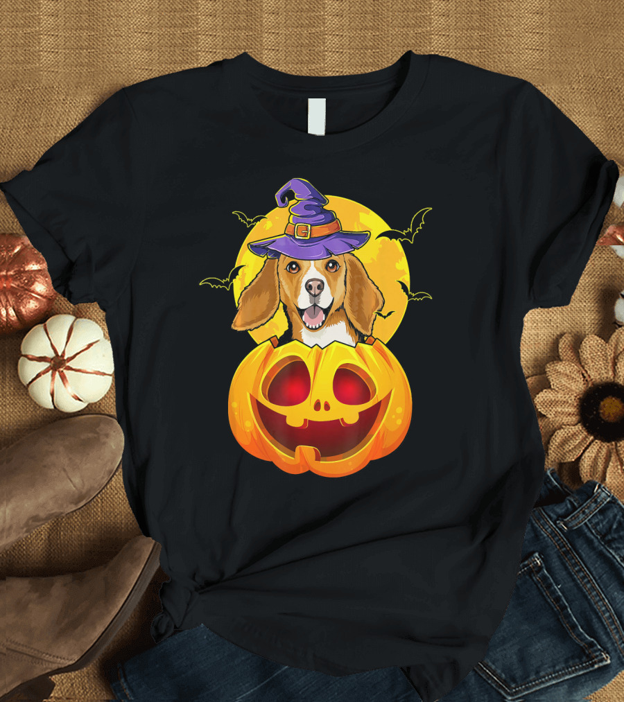 Beagle Witch Hat Jack O Lantern Pumpkin Moon Bats T-Shirt