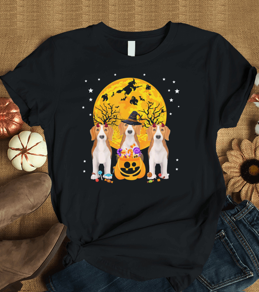 Beagle Lover Halloween Costume with Pumpkin and Candy Under Full Moon T-Shirt
