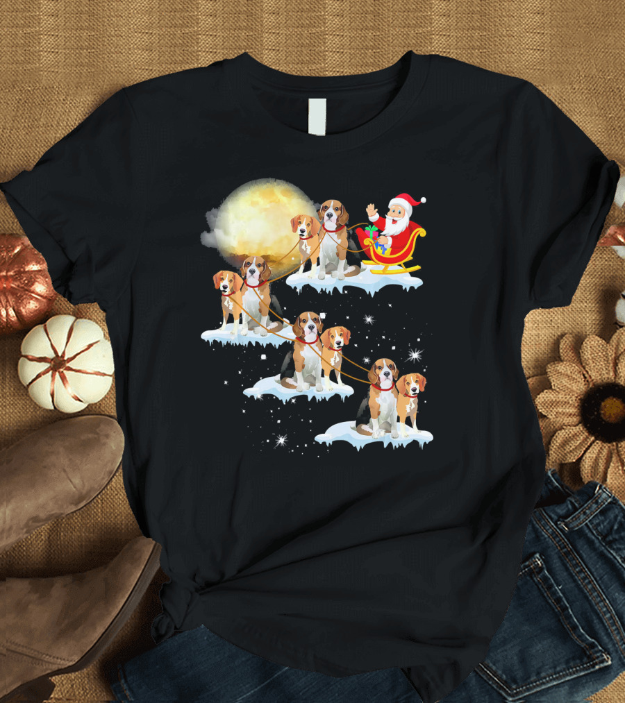 Christmas Reindeer Beagle Dog Santa Moon Sleigh T-Shirt