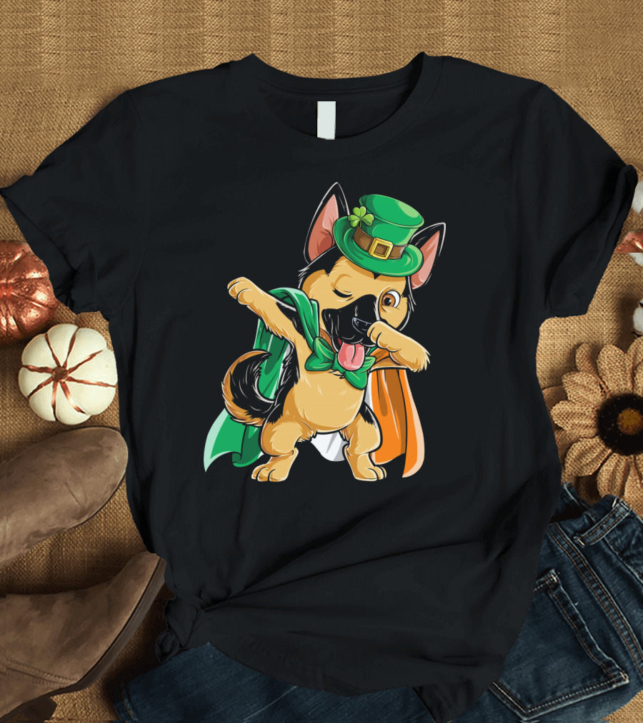 Dabbing German Shepherd with Leprechaun Hat and Irish Flag T-Shirt