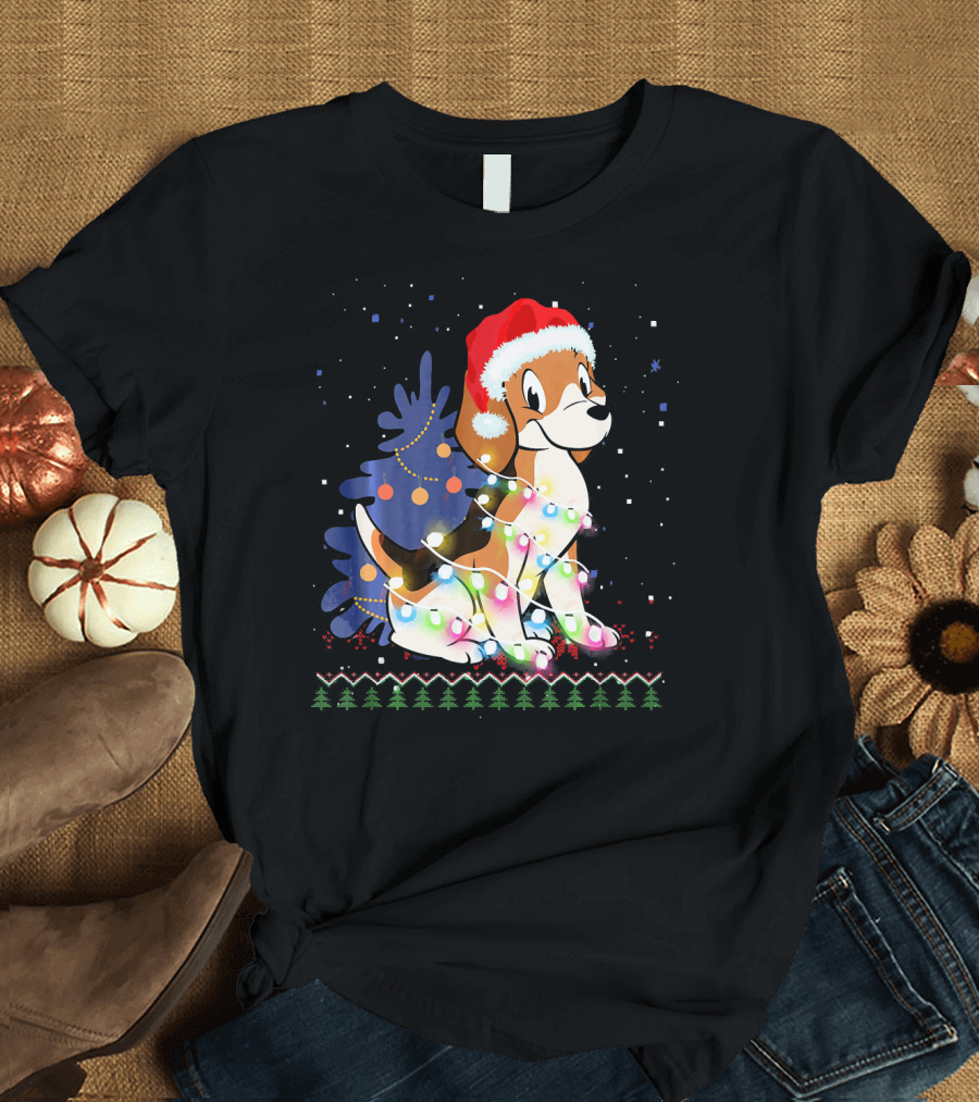 Beagle Wrapped in Christmas Lights with Santa Hat Beside Decorated Christmas Tree and Snowflakes T-Shirt