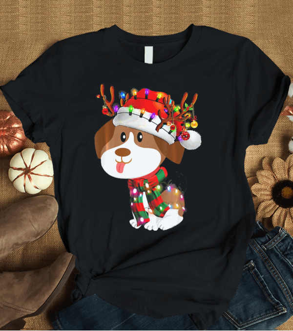 T-Shirt: Beagle Puppy Christmas Reindeer with Santa Hat and Colorful Lights T-Shirt Beagle Puppy Christmas Reindeer with Santa Hat and Colorful Lights T-Shirt