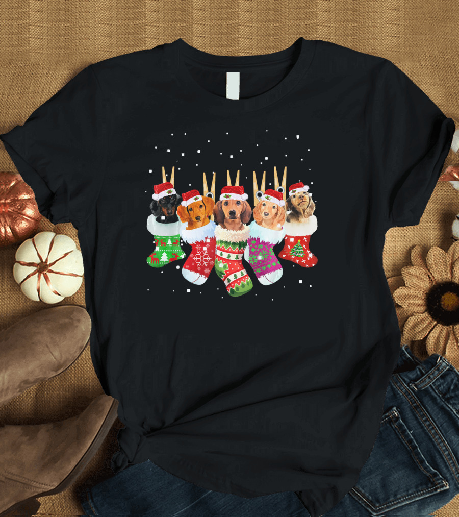 Dachshunds in Santa Hats Inside Colorful Christmas Socks T-Shirt