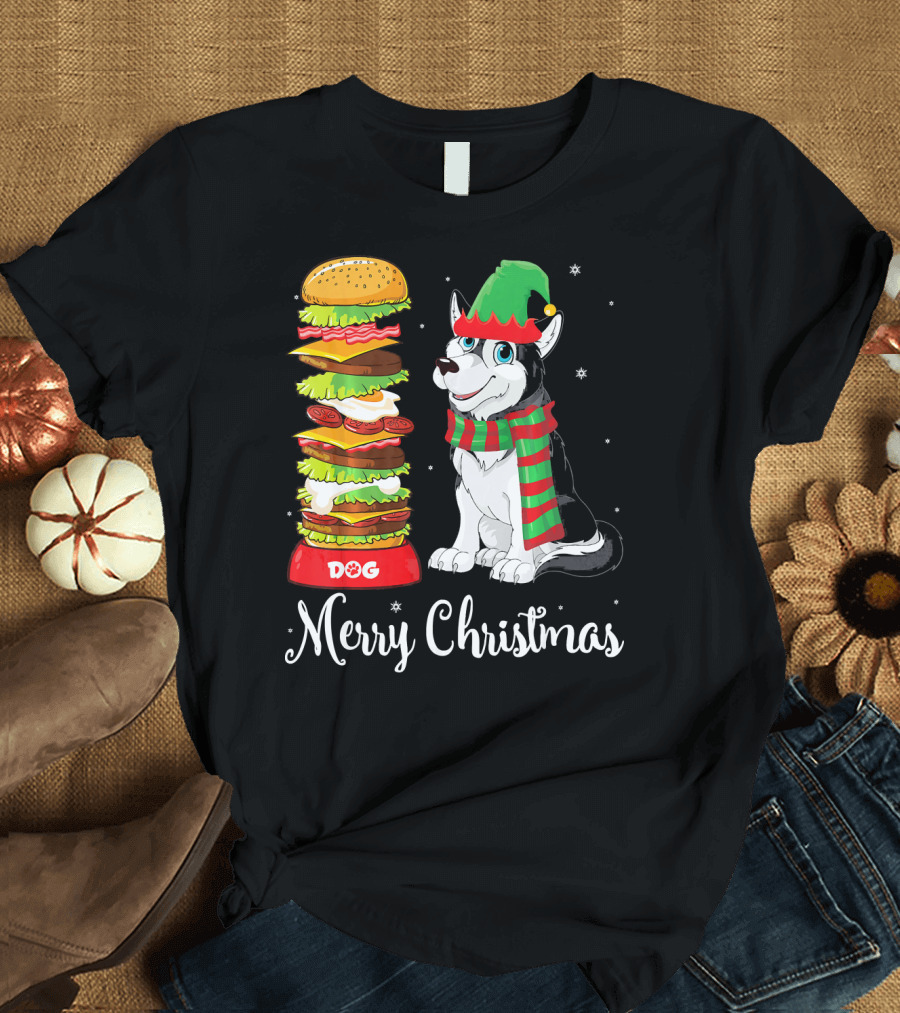 Merry Christmas Alaskan Husky in ELF Costume with Stacked Hot Dog Burgers T-Shirt