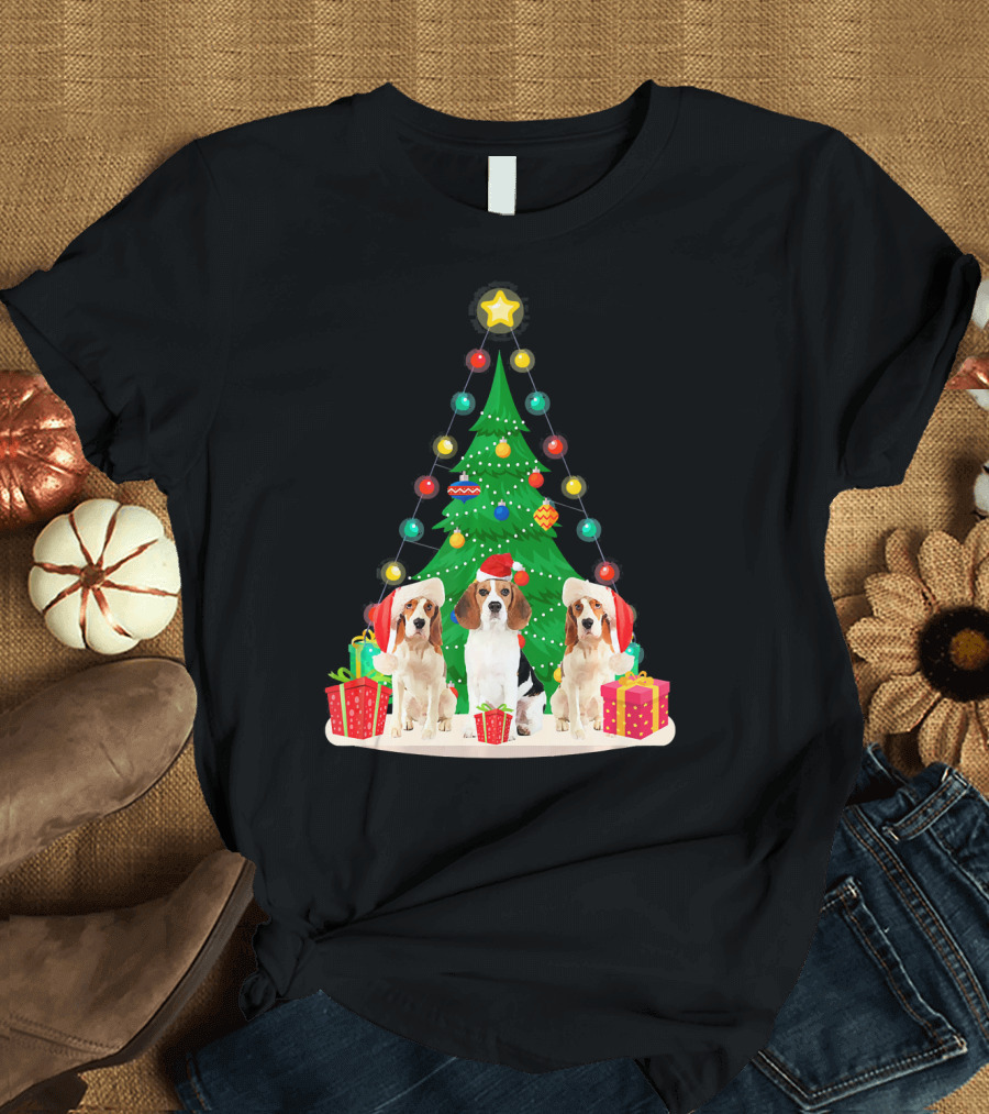 Beagle Christmas Tree with Santa Claus Hat and Festive Gifts T-Shirt