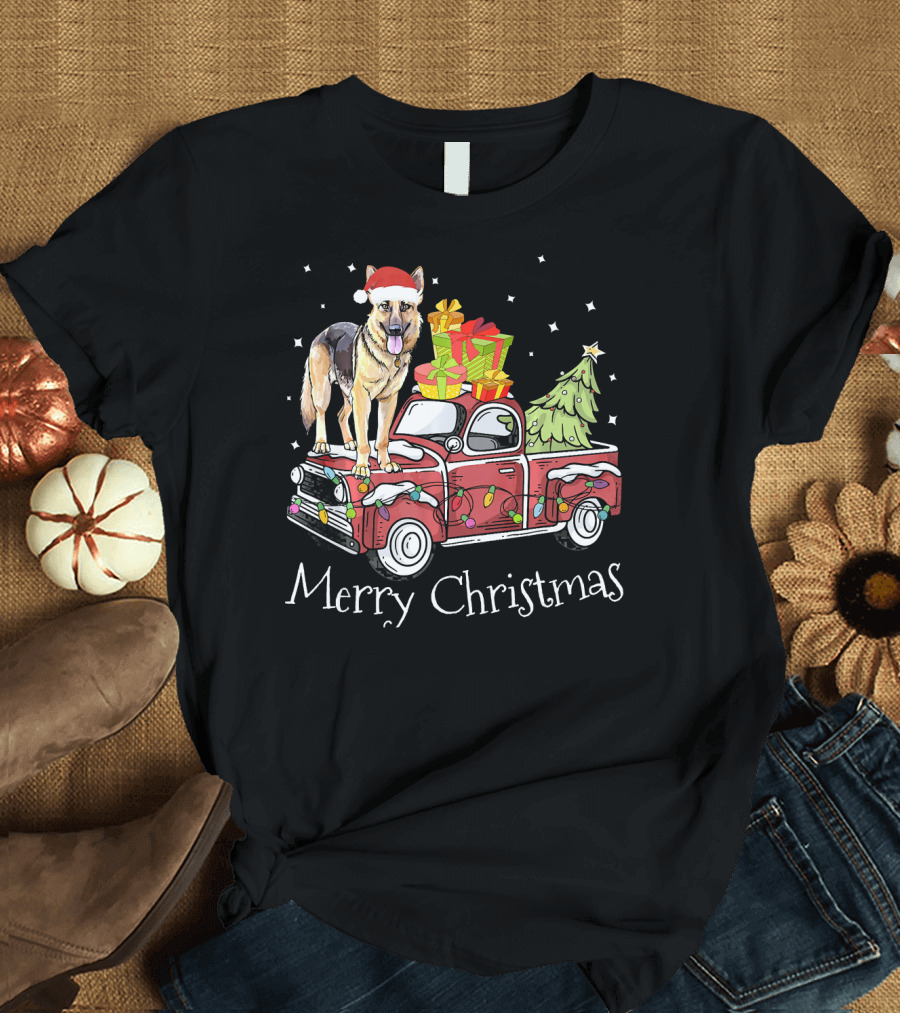 Merry Christmas Cute German Shepherd Dog on Pickup Truck with Gifts and Tree T-Shirt