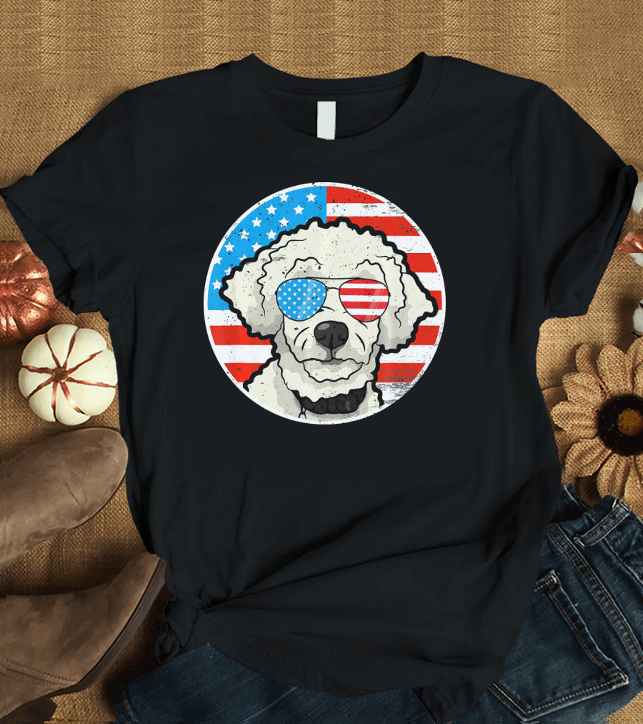 Patriotic Poodle with American Flag Glasses for 4th of July T-Shirt