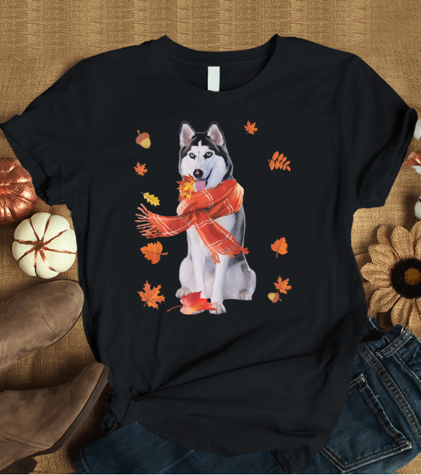 T-Shirt: Husky Dog with Autumn Leaves and Scarf T-Shirt Husky Dog with Autumn Leaves and Scarf T-Shirt