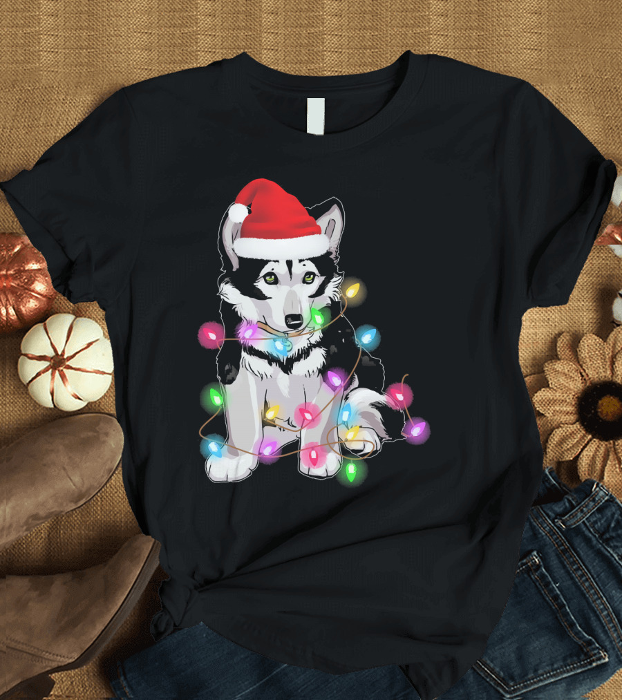 Cute Siberian Husky in Christmas Santa Hat with Holiday Lights T-Shirt