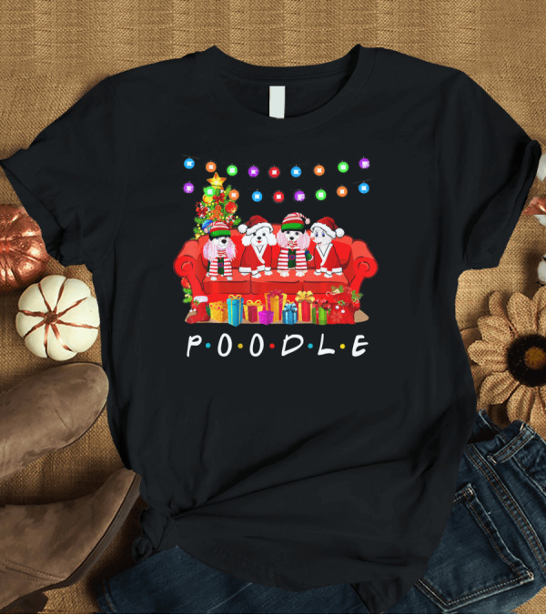 T-Shirt: Christmas Poodle Friends on Festive Couch with Gifts and Lights T-Shirt Christmas Poodle Friends on Festive Couch with Gifts and Lights T-Shirt