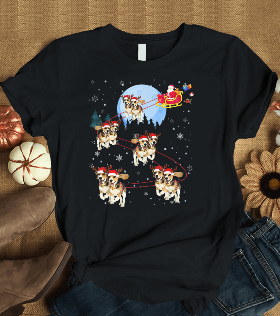 Santa's Sleigh Pulled by Beagle Reindeer Under Moonlit Sky T-Shirt