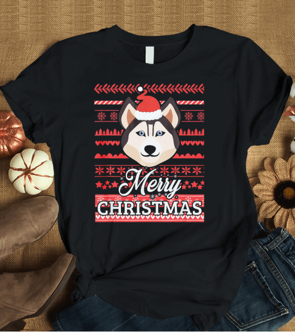 T-Shirt: Merry Christmas Cute Husky Dog T-Shirt Merry Christmas Cute Husky Dog T-Shirt