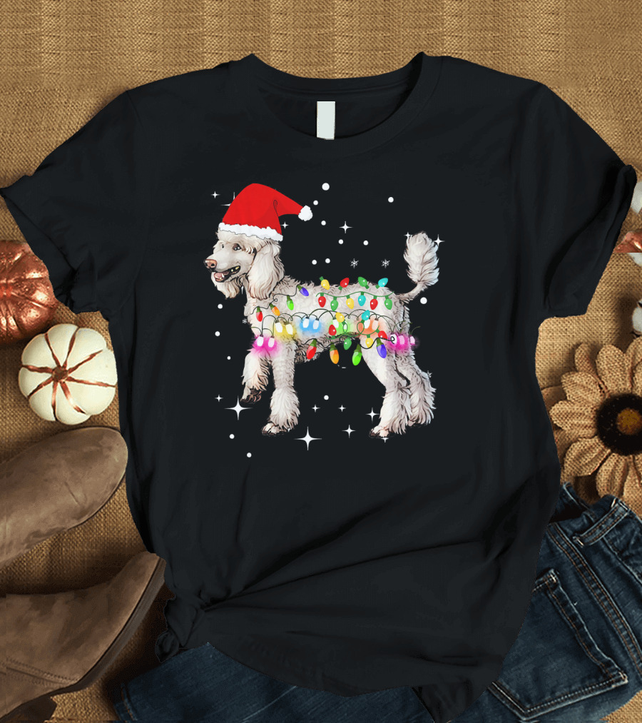 Christmas Lights Poodle Dog Santa Hat Festive Holiday T-Shirt