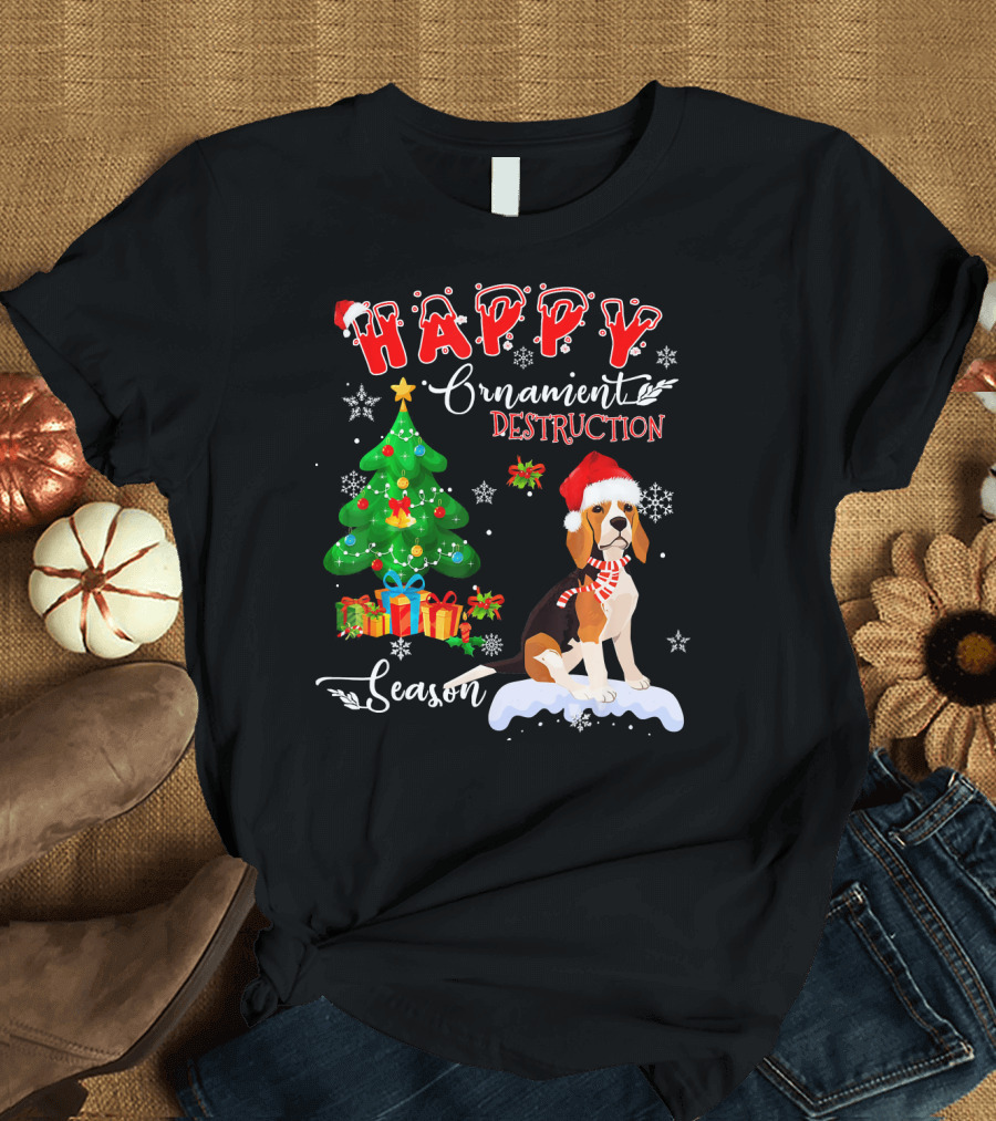 Happy Ornament Destruction Season Beagle Dog Christmas Tree Snow Santa Hat T-Shirt