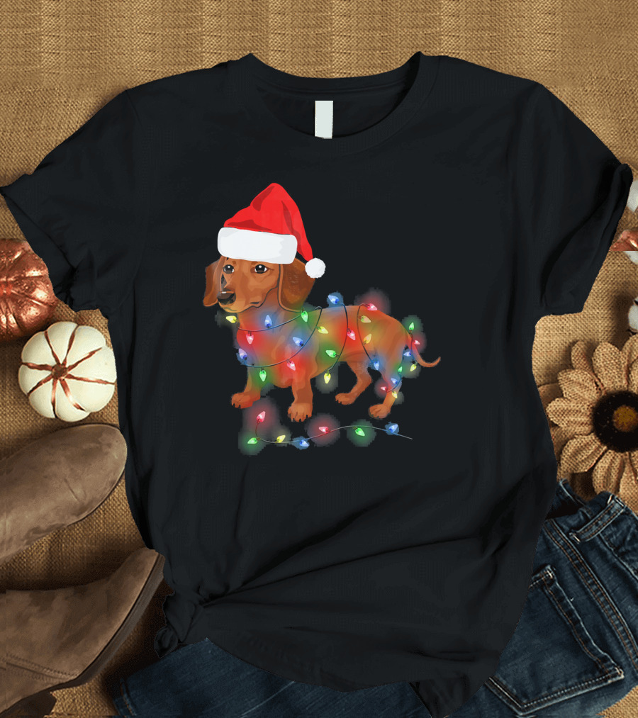 Santa Hat Dachshund Wrapped in Christmas Lights T-Shirt