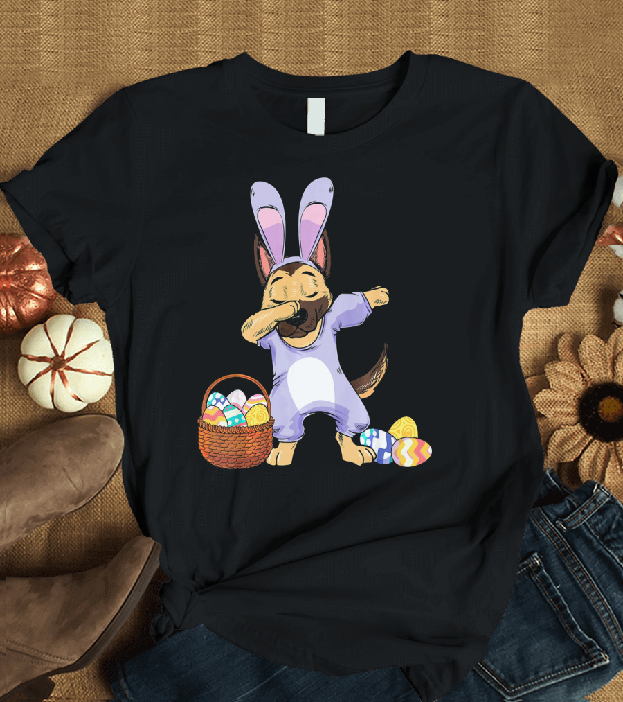 Dabbing German Shepherd Easter Bunny with Eggs in Basket T-Shirt