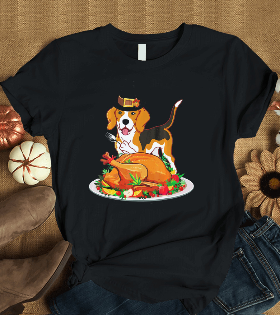 Beagle Dog Pilgrim with Thanksgiving Turkey Feast T-Shirt