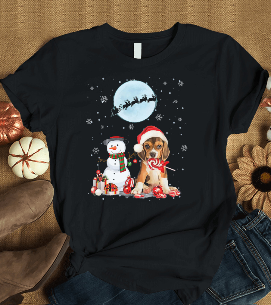 Beagle Santa Hat with Snowman and Santa Under Moon T-Shirt
