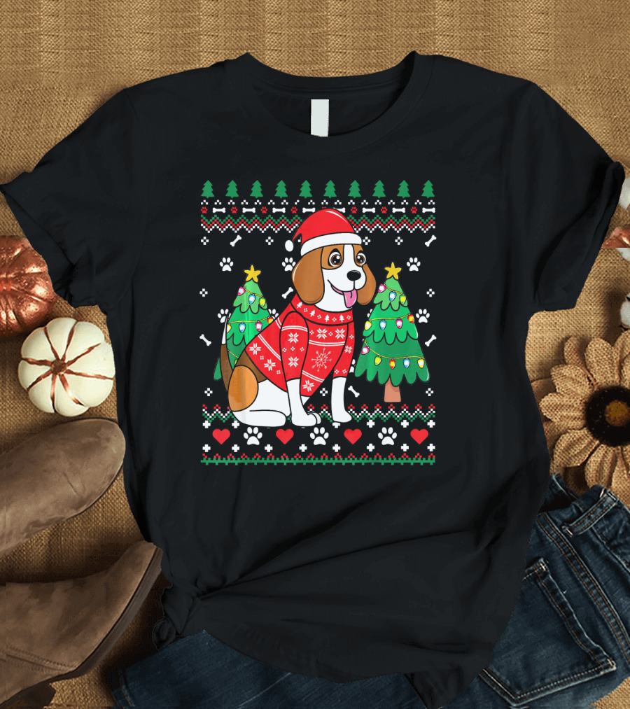 Beagle in Santa Hat with Christmas Trees and Snowflakes T-Shirt
